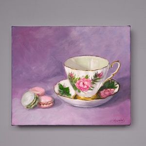 Vintage cup and macaroons .Original oil painting   10"x12"
